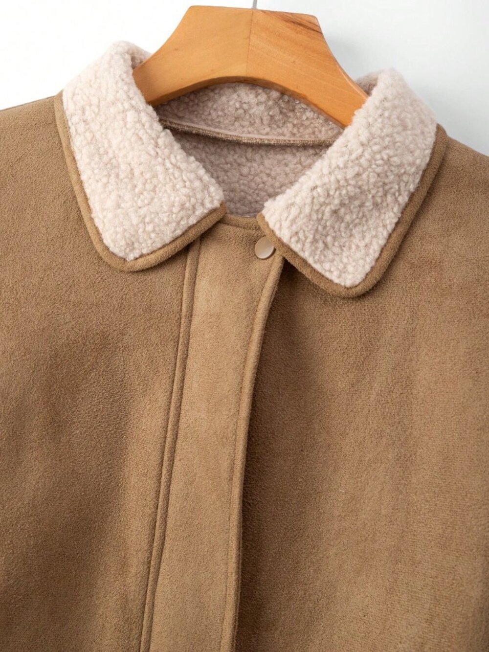 Khaki Casual Women's Oversized Drop Shoulder Zipper Faux Suede Fleece Jacket - Picture 4 of 7